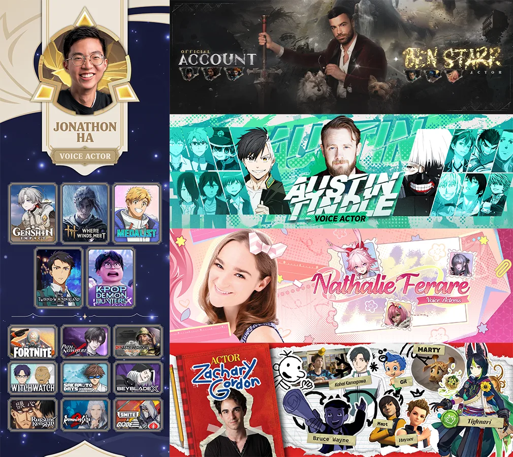 Social media headers for voice actors, including Jonathon Ha, Ben Starr, Austin Tindle, Nathalie Ferare and Zachary Gordon